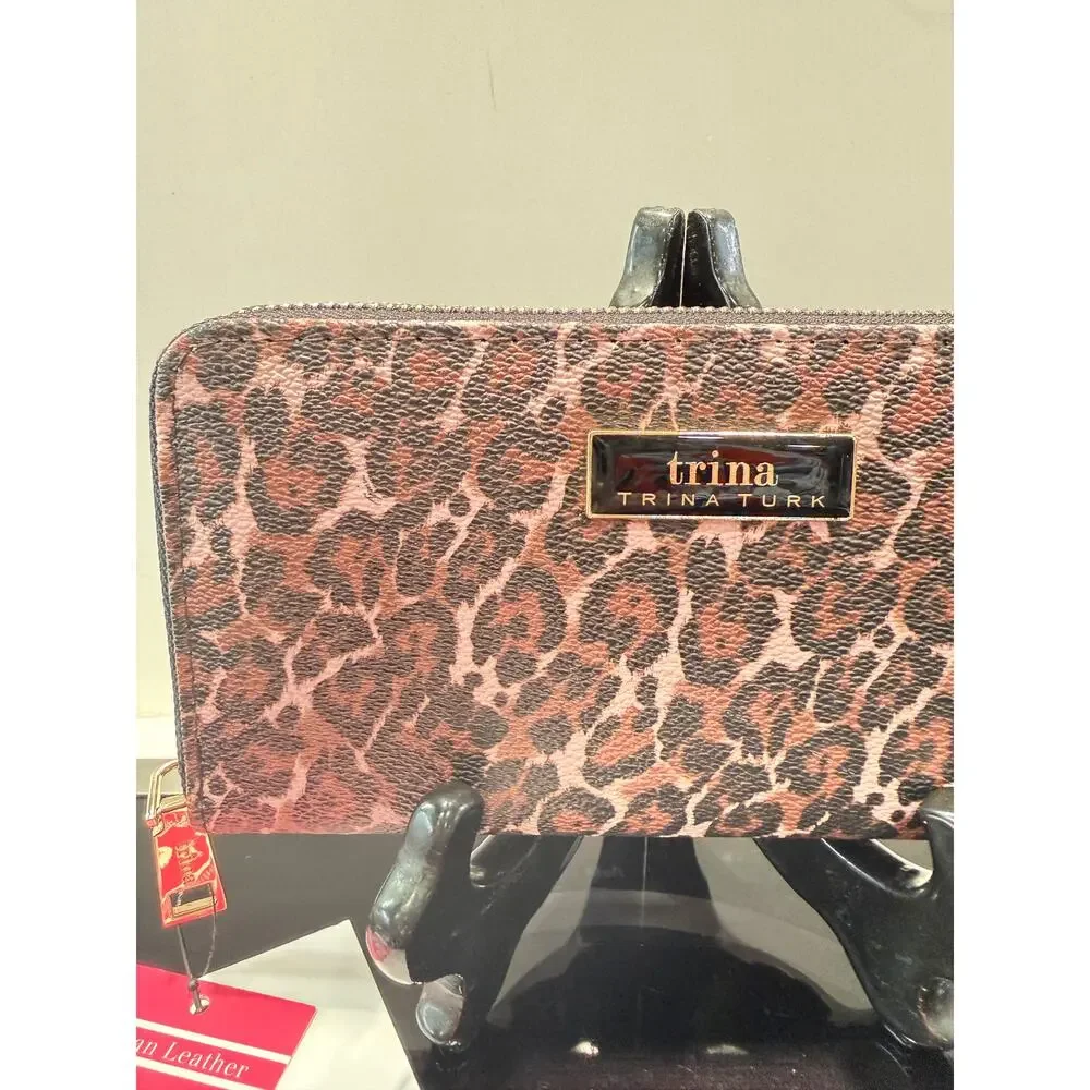 Trina Turk NWT Pink Leopard Print Leather Zip Around Continental Wallet